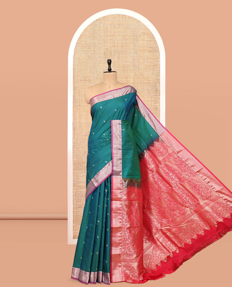 Teal Budget Silk Saree, Mesmerized with Zari Buttas, Complemented by a Contrast Traditional Zari Border, Pallu of Intricate Designs, and Contrast Blouse