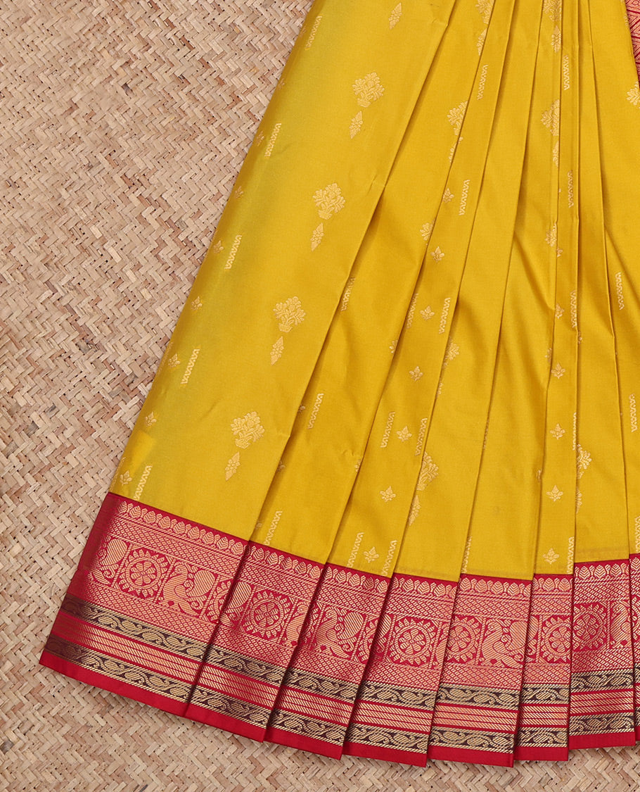 Yellow Budget Silk Saree, Delicately Woven with Zari Buttas All Over Its Body, Complemented by a Contrast Traditional Zari Border, Grand Jaal Pallu, and Paired with a Contrast Blouse