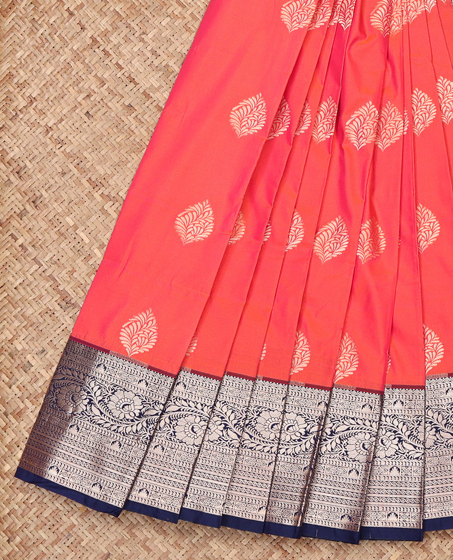Orange Budget Silk Saree, Gleamed Up with Zari Buttas All Over Its Body, Complemented by a Contrast Traditional Zari Design Border, Grandly Decked Up Pallu, and Paired with a Contrast Blouse
