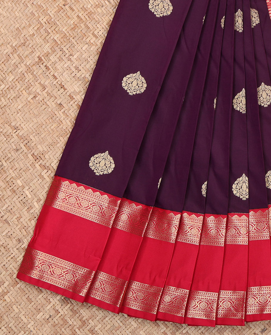 Wine Budget Silk Saree, Woven with Zari Buttas, Complemented by Contrast Traditional Zari Rettai Pettu Border, Grand Pallu and a Contrast Blouse
