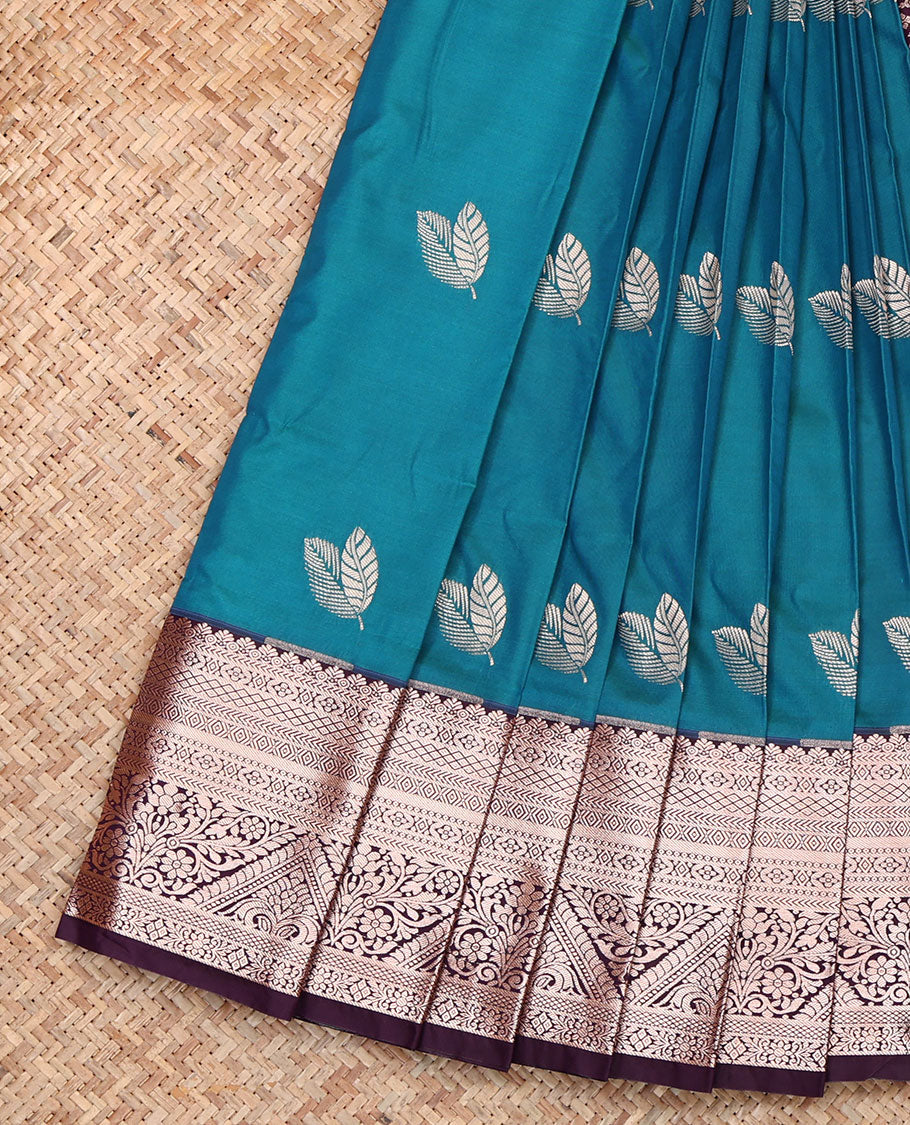Blue Budget Silk Saree, Embellished with Leaf Buttas, Complemented by a Contrast Traditional Zari Border, Grand Pallu, and a Contrast Blouse