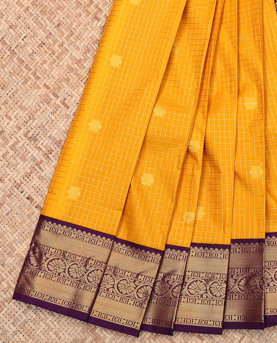 Yellow Budget Silk Saree, Graced with Zari Buttas and Micro-Checks, Complemented by a Contrast Traditional Zari Border, Jaal Pallu, and a Contrast Blouse