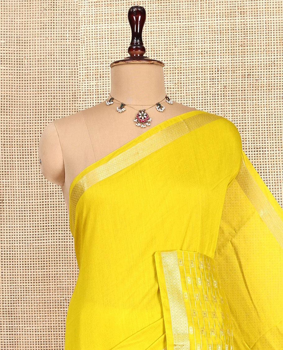 Yellow Plain Assam Silk Saree, Highlighted by a Traditional Zari Border, Zari-Striped Pallu, and a Matching Blouse