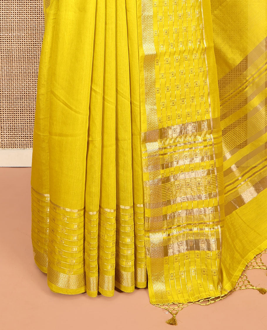 Yellow Plain Assam Silk Saree, Highlighted by a Traditional Zari Border, Zari-Striped Pallu, and a Matching Blouse
