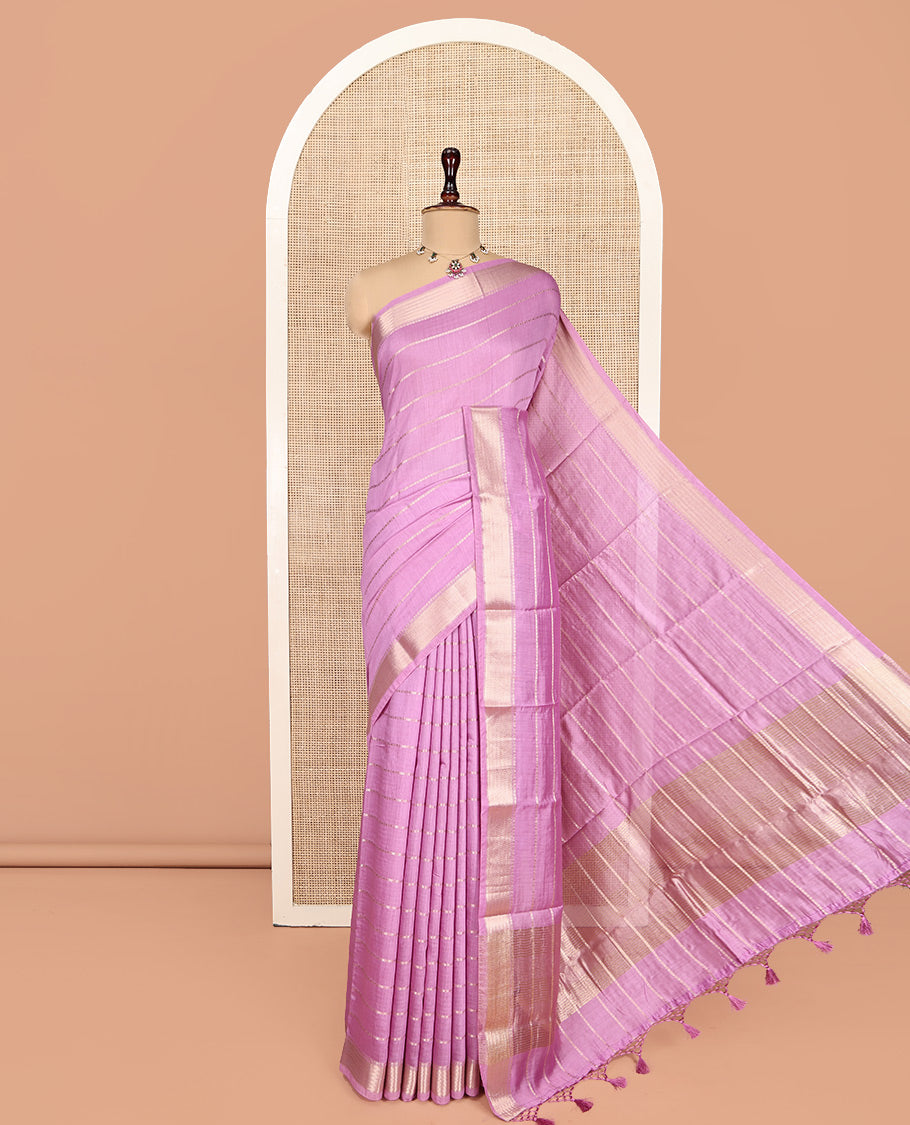 Pink Assam Silk Saree, Finely Crafted with Zari Stripes, a Traditional Zari Border, a Pallu Steeped with Zari Stripes, and a Contrast Blouse