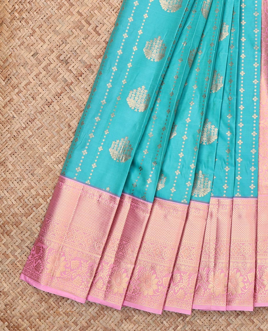Light Blue Budget Silk Saree, Accentuated with Zari Buttas and Stripes, Complemented by Contrast Traditional Zari Border, Grand Pallu and a Contrast Blouse