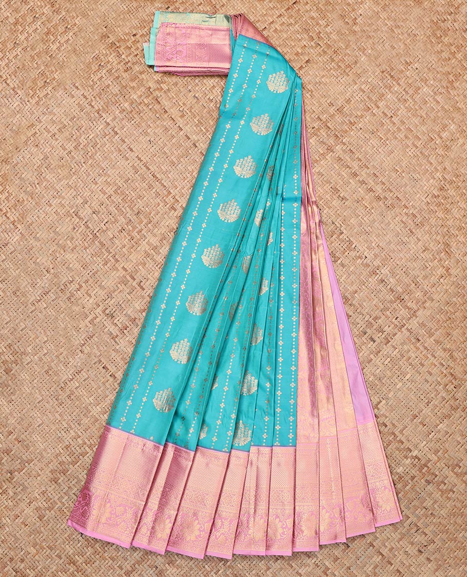 Light Blue Budget Silk Saree, Accentuated with Zari Buttas and Stripes, Complemented by Contrast Traditional Zari Border, Grand Pallu and a Contrast Blouse