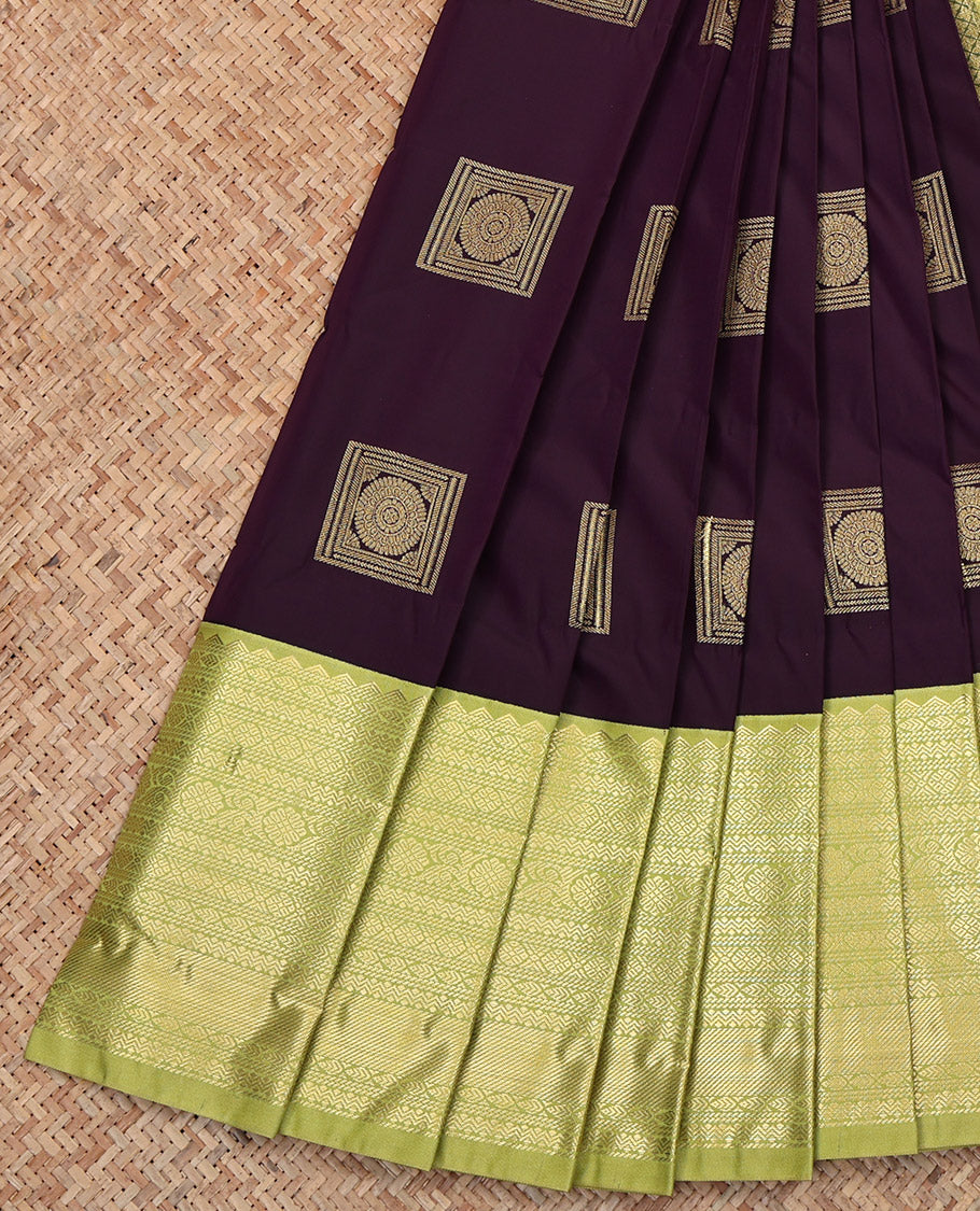 Brown Budget Silk Saree, Majestically Detailed with Zari Buttas, Complemented by Contrast Traditional Zari Border, Jaal Pallu, and a Contrast Blouse