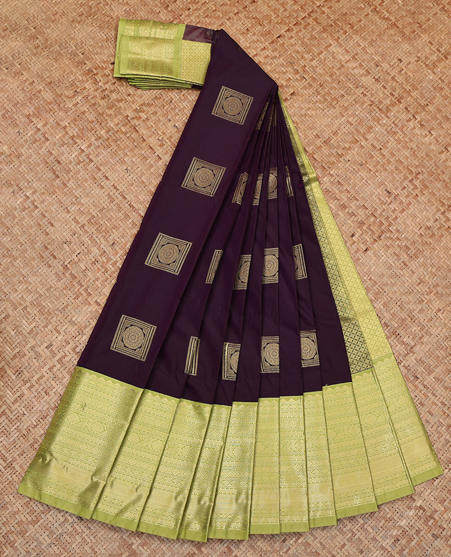 Brown Budget Silk Saree, Majestically Detailed with Zari Buttas, Complemented by Contrast Traditional Zari Border, Jaal Pallu, and a Contrast Blouse