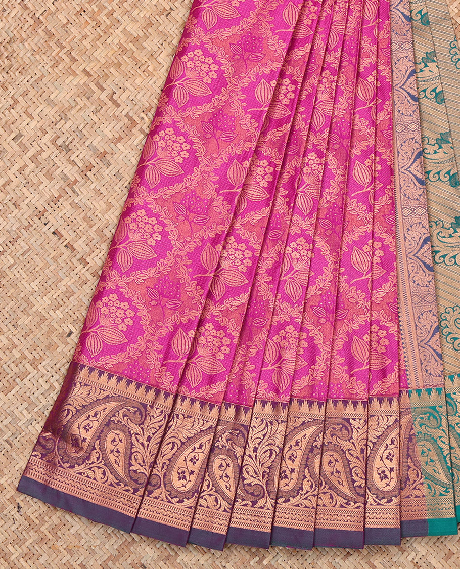 Rani Pink Budget Silk Saree, Accentuated with Jacquard, Complemented by Contrast Paisley Border, Pallu of Paisleys, and a Contrast Blouse