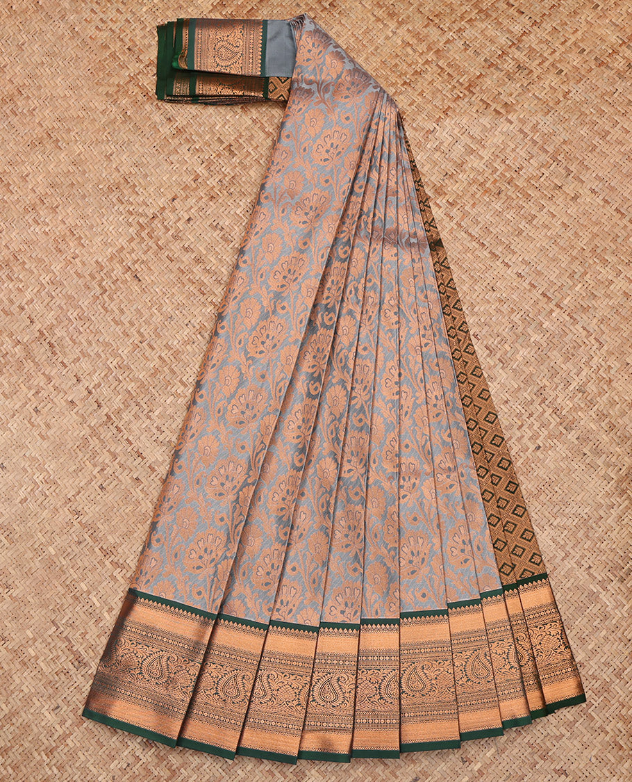 Grey Budget Silk Saree, Enriched with Jacquard, a Contrast Traditional Zari Border, Grand Pallu, and a Contrast Blouse
