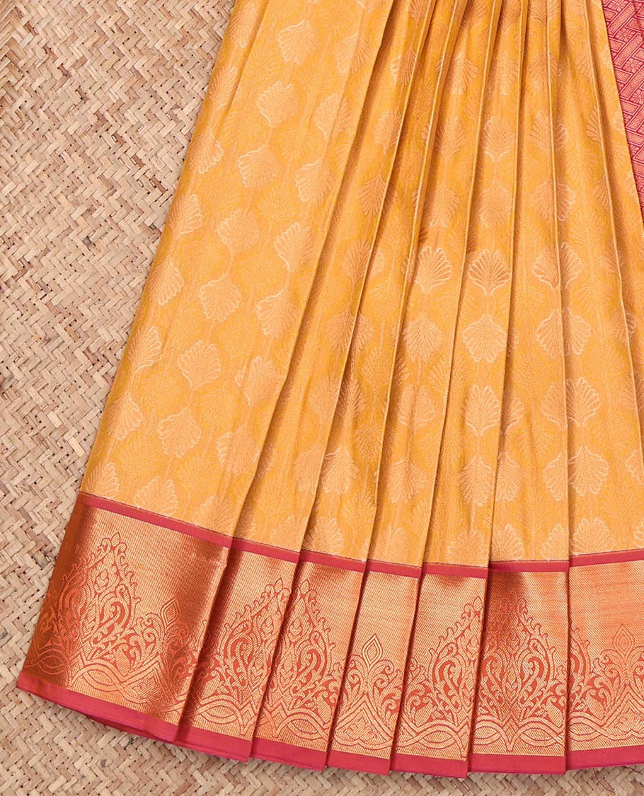 Yellow Budget Silk Saree, Sparsely Woven with Buttas, Complemented by a Contrast Traditional Zari Border, Grand Pallu, and a Contrast Blouse