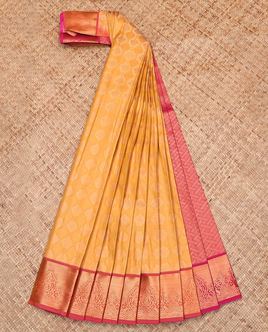Yellow Budget Silk Saree, Sparsely Woven with Buttas, Complemented by a Contrast Traditional Zari Border, Grand Pallu, and a Contrast Blouse