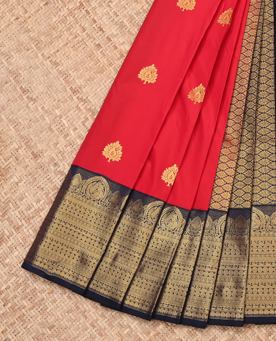 Red Budget Silk Saree, Beautifully Bedecked with Zari Buttas, Complemented by a Contrast Traditional Zari Border, Grand Pallu, and Contrast Blouse