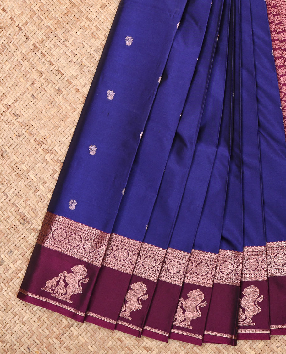 Blue Budget Silk Saree, Accentuated with Zari Buttas, Complemented by a Contrast Traditional Zari Border of Singam Designs, Grand Pallu, and a Contrast Blouse