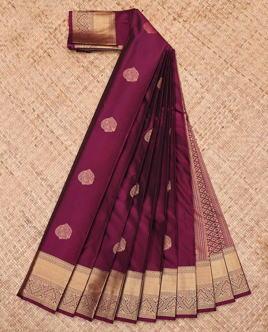 Wine Budget Silk Saree, Bedecked with Zari Buttas, Highlighted by a Traditional Zari Border, Jaal Pallu, and Matching Blouse