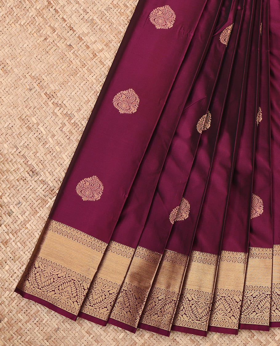 Wine Budget Silk Saree, Bedecked with Zari Buttas, Highlighted by a Traditional Zari Border, Jaal Pallu, and Matching Blouse