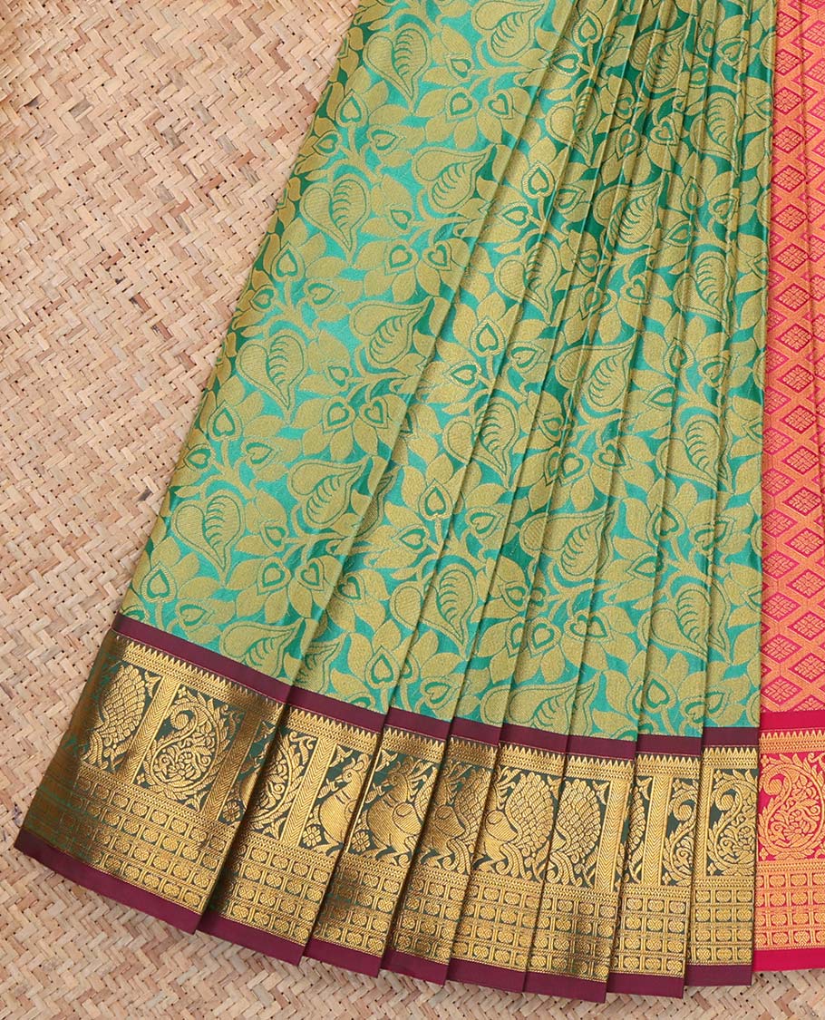 Green Budget Silk Saree, Accentuated with Floral Vine Design, Complemented by Contrast Peacock and Paisley Zari Border, a Jaal Pallu and a Contrast Blouse