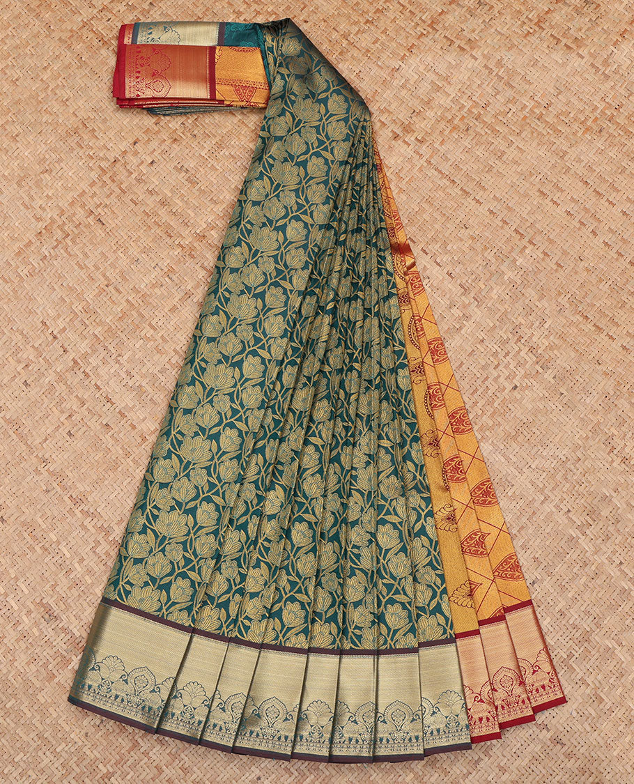 Green Budget Silk Saree, Accentuated with Jacquard Design, a Contrast Traditional Zari Border, Grand Pallu, and a Contrast Blouse
