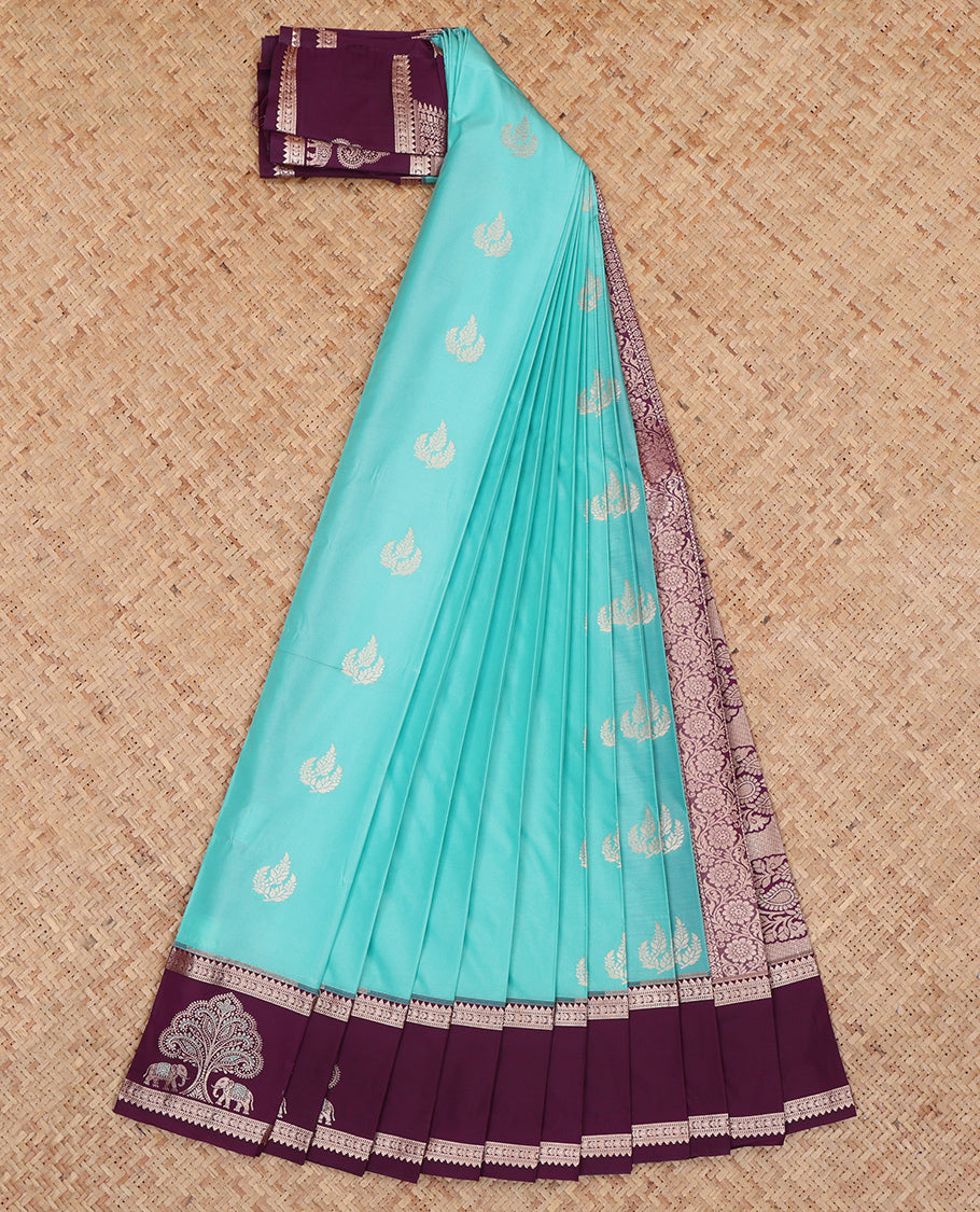 Blue Budget Silk Saree, Woven with Zari Buttas, Complemented by a Contrast Temple Elephant Motif Border, Grand Pallu, and a Contrast Blouse