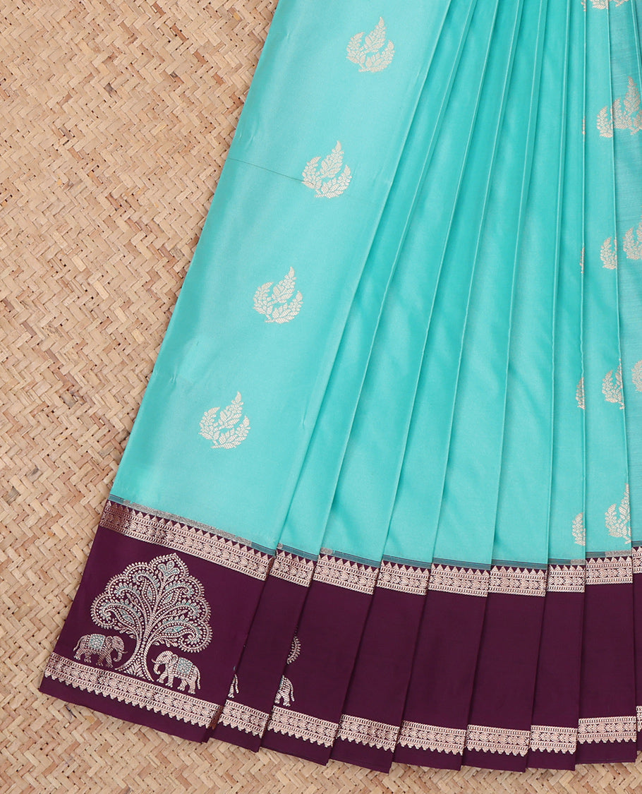 Blue Budget Silk Saree, Woven with Zari Buttas, Complemented by a Contrast Temple Elephant Motif Border, Grand Pallu, and a Contrast Blouse
