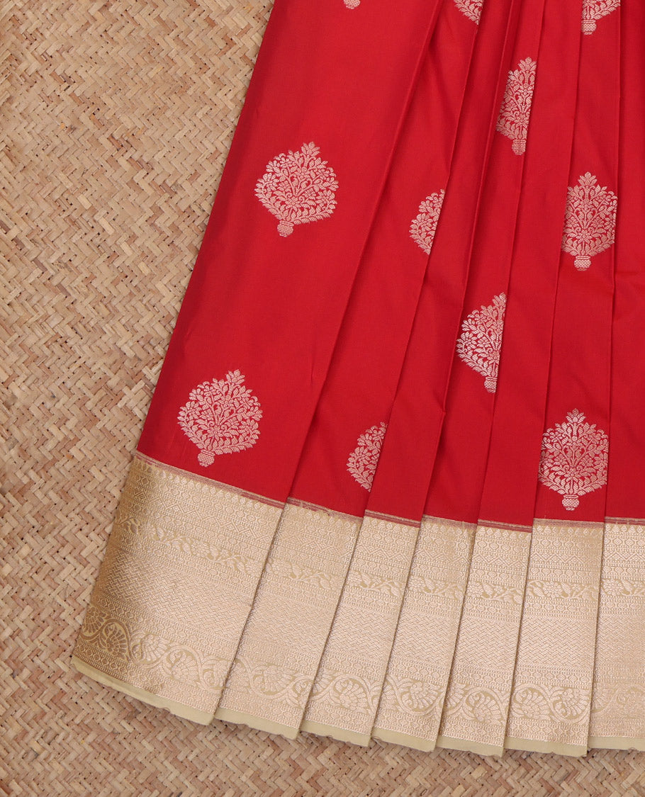 Red Budget Silk Saree, Elevated with Zari Buttas, a Contrast Traditional Border, Grand Pallu, and a Contrast Blouse