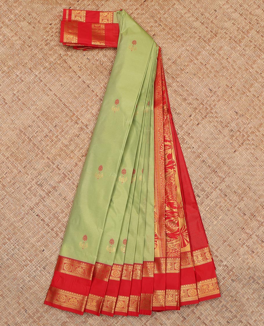 Green Budget Silk Saree, Enriched with Stripes and Floral Buttas, a Contrast Rettai Pettu Zari Border, a Grand Pallu and a Contrast Blouse