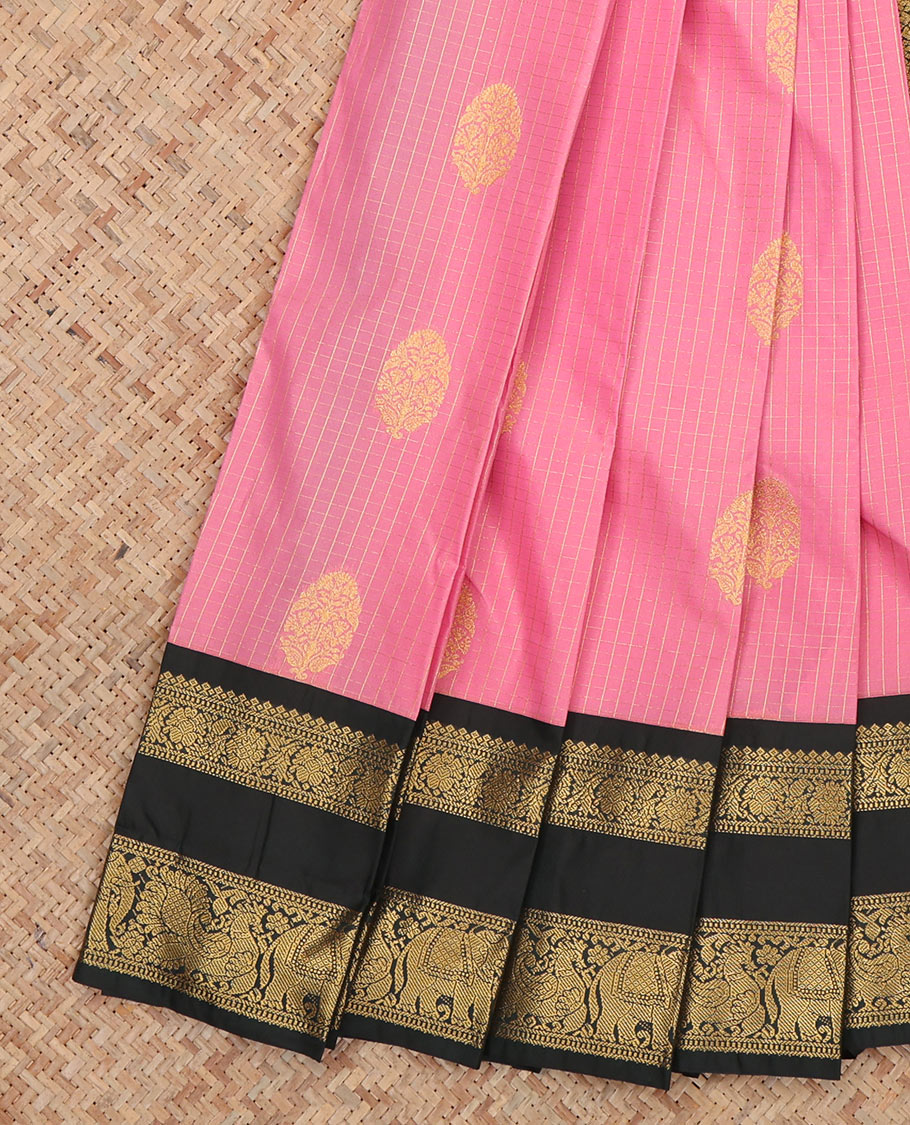 Pink Budget Silk Saree, Ornamented with Zari Buttas and Checks, Complemented by Contrast Traditional Rettai Pettu Border, a Jaal Pallu and a Contrast Blouse