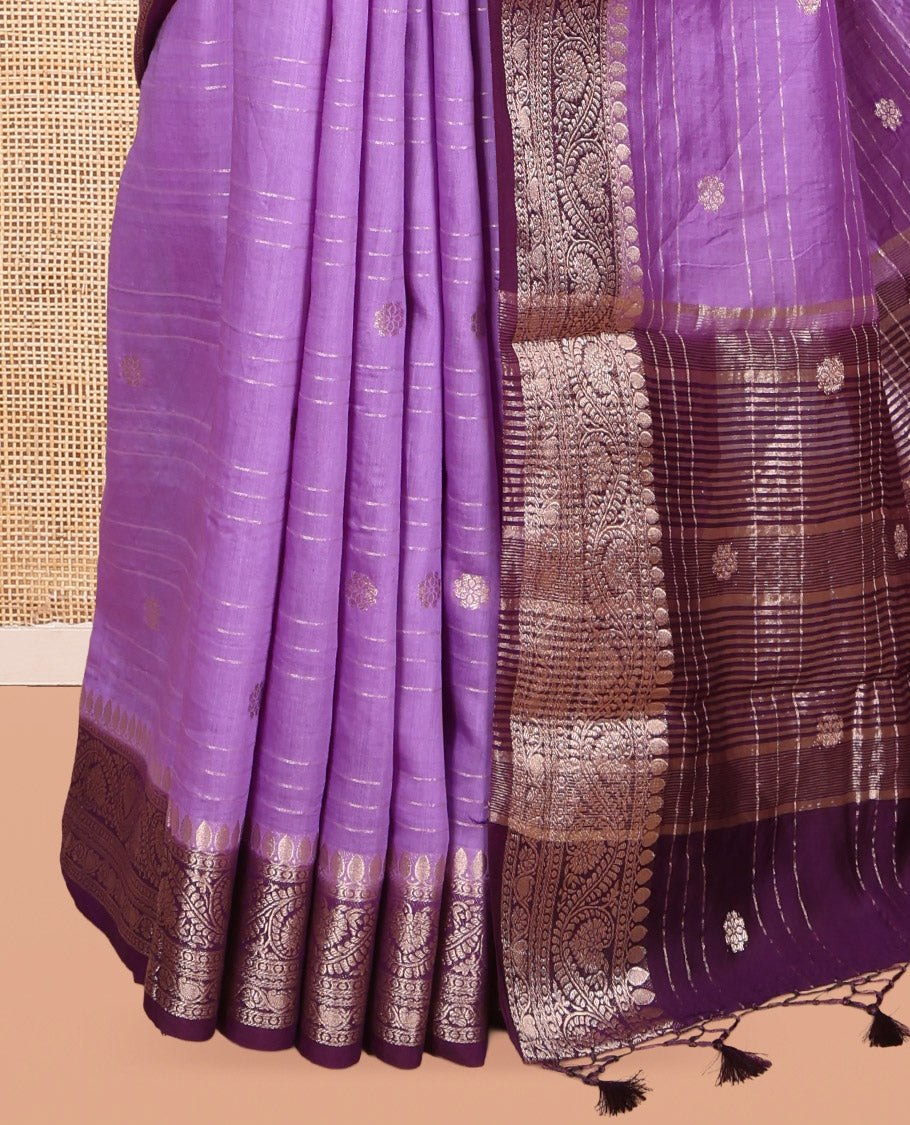 Lavender Assam Silk Saree, Decked Up with Zari Buttas and Stripes, Complemented by Contrast Floral Creeper Zari Border, Zari Woven Pallu, and Contrast Blouse