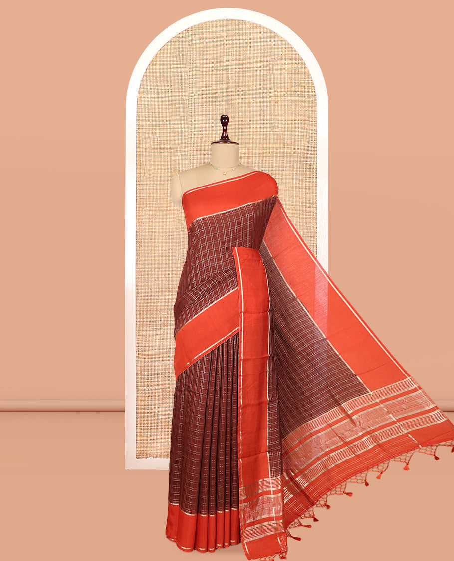 Brown Assam Silk Saree, Accentuated with Zari Checks, Complemented by Contrast Zari Border, Zari Woven Pallu, and Contrast Blouse