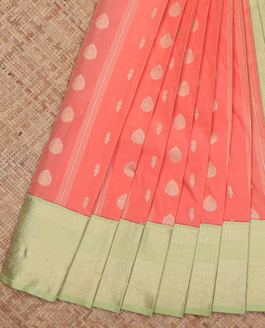 Peach Budget Silk Saree, Ornamented with Zari Buttas and Stripes, Complemented by a Contrast Traditional Zari Border, Grand Jaal Pallu, and Contrast Blouse