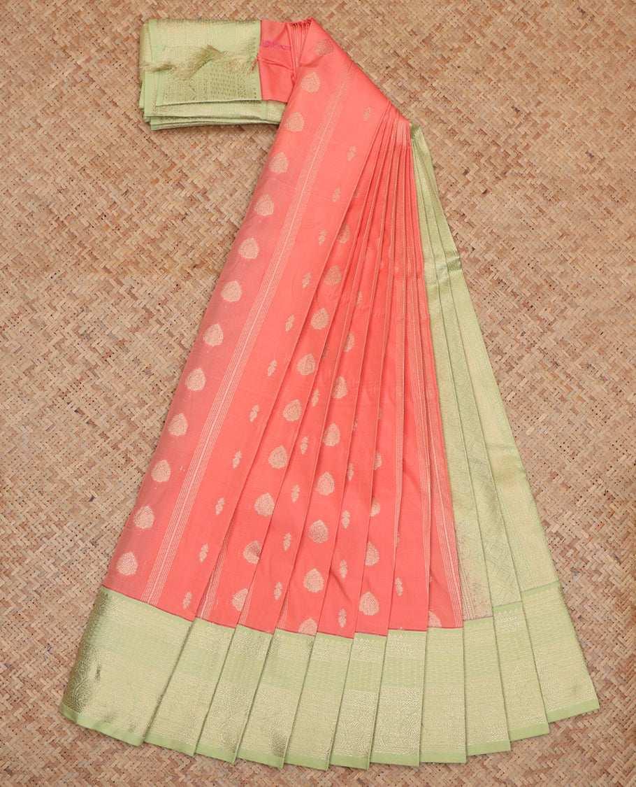 Peach Budget Silk Saree, Ornamented with Zari Buttas and Stripes, Complemented by a Contrast Traditional Zari Border, Grand Jaal Pallu, and Contrast Blouse