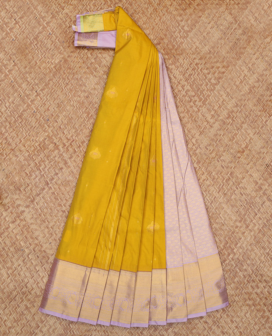 Yellow Budget Silk Saree, Ornamented with Zari Buttas and Stripes, Complemented by a Contrast Traditional Zari Border, Grand Jaal Pallu, and Contrast Blouse