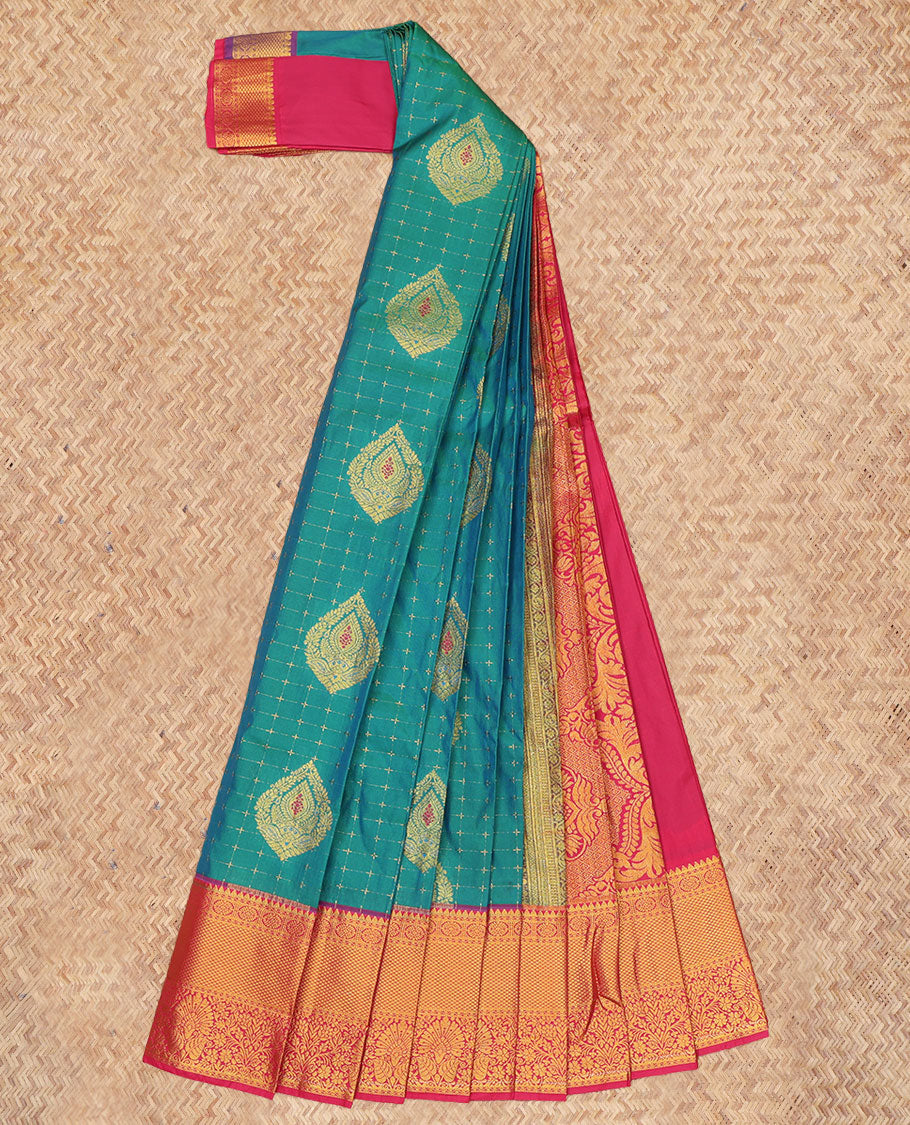 Blue Budget Silk Saree, Accentuated with Zari Buttas, a Contrast Traditional Zari Border, Grand Pallu, and a Contrast Blouse