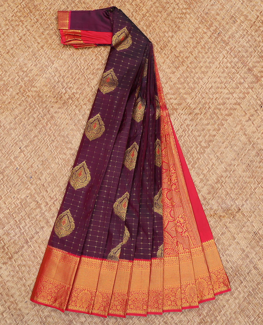 Maroon Budget Silk Saree, Decorated with Zari Buttas and Checks, a Contrast Traditional Zari Border, Grand Pallu, and a Contrast Blouse