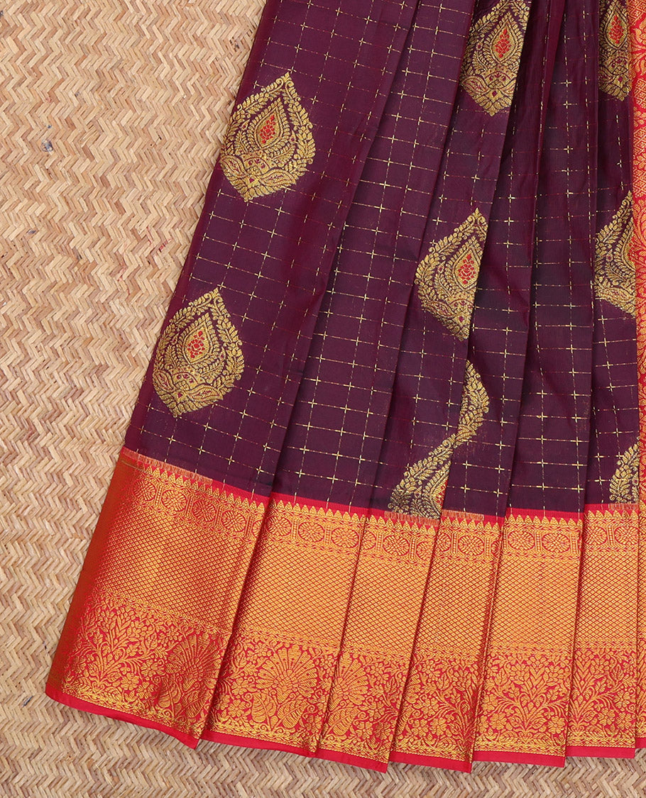 Maroon Budget Silk Saree, Decorated with Zari Buttas and Checks, a Contrast Traditional Zari Border, Grand Pallu, and a Contrast Blouse