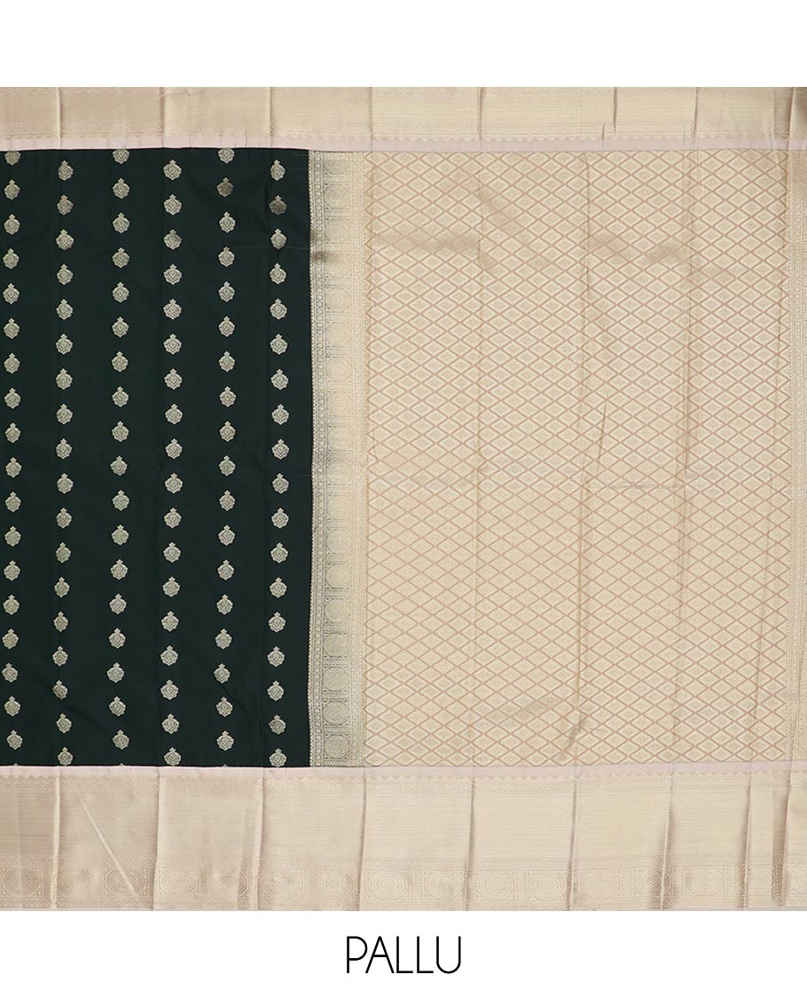 Green zari buttas gift saree, contrast traditional zari design border, and jaal pallu