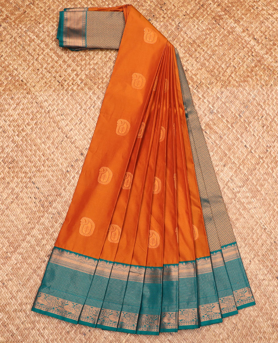 Orange manga buttas gift saree, contrast traditional zari designs border, and jaal pallu