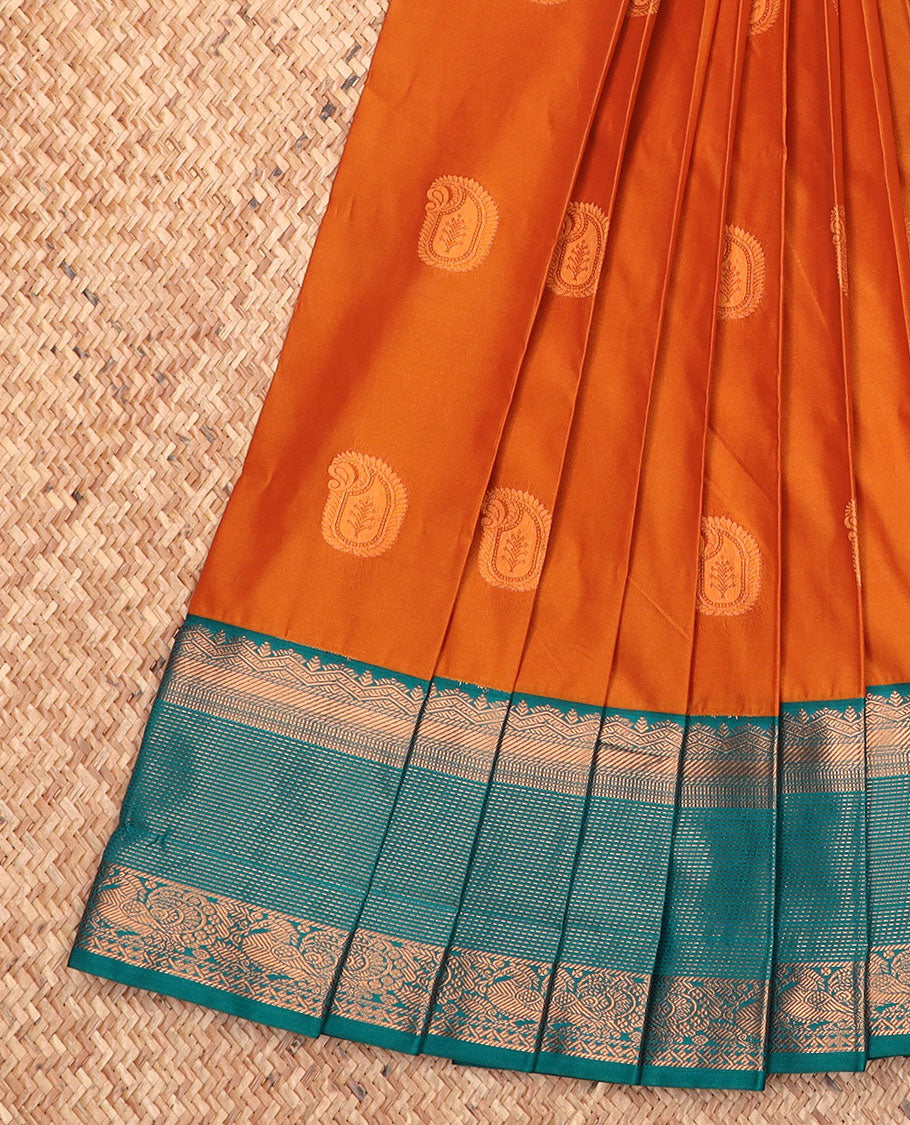 Orange manga buttas gift saree, contrast traditional zari designs border, and jaal pallu