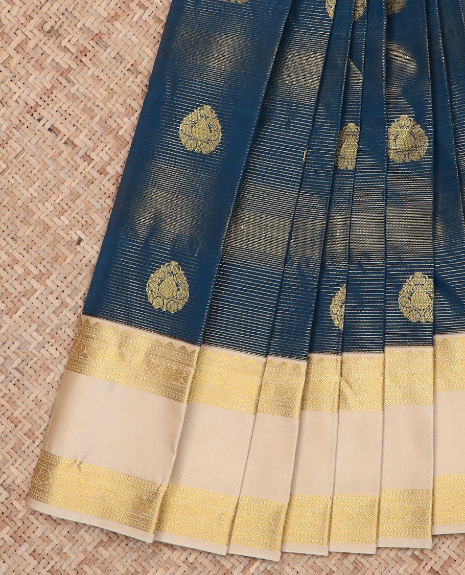 Blue Budget Silk Saree Embellished with Zari Buttas and Zari Stripes, Complemented by a Contrast Traditional Zari Design Rettai Pettu Border, Jaal Pallu, and a Contrast Zari-Bordered Blouse
