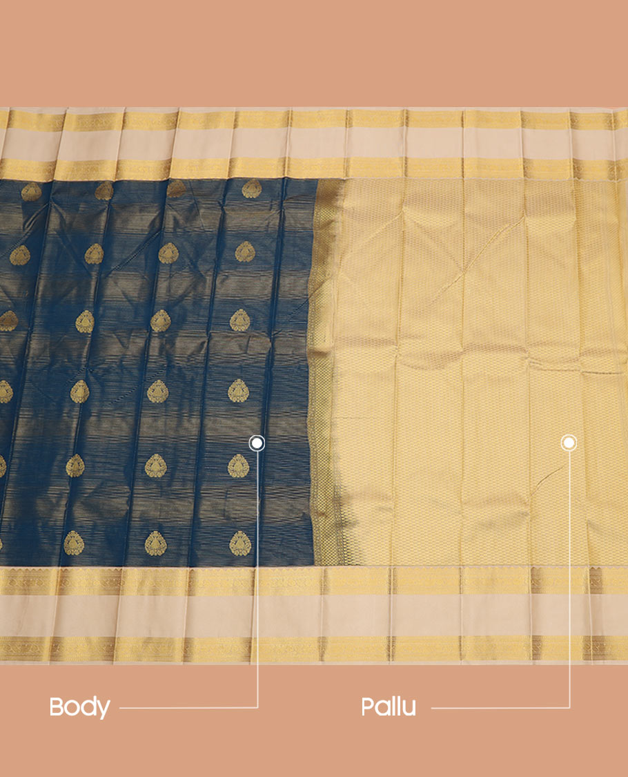 Blue Budget Silk Saree Embellished with Zari Buttas and Zari Stripes, Complemented by a Contrast Traditional Zari Design Rettai Pettu Border, Jaal Pallu, and a Contrast Zari-Bordered Blouse