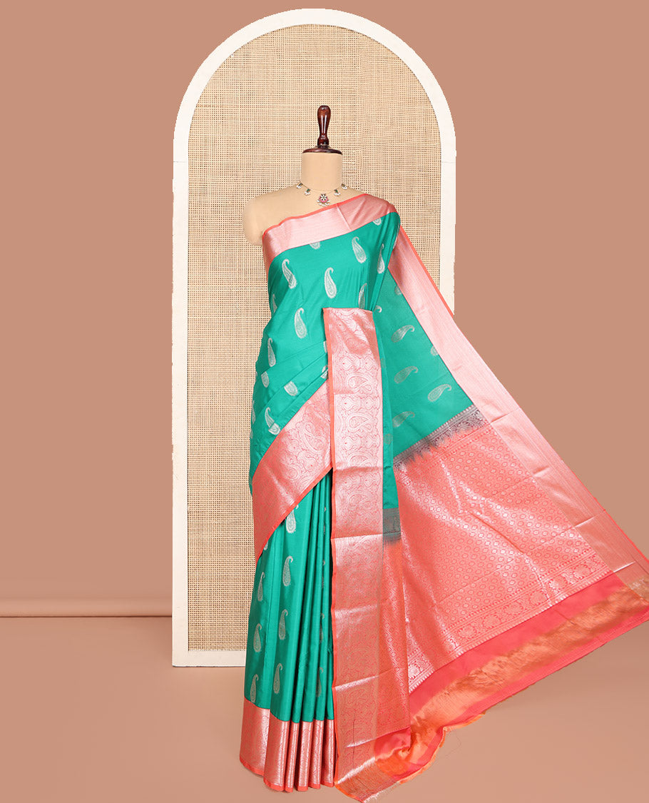 Green Budget Silk Saree, Beautified with Paisley Zari Buttas All Over Its Body, Complemented by Contrast Border Steeped with Paisley Designs, Meticulously Woven Pallu of Jaal Designs, and Paired with a Contrast Blouse