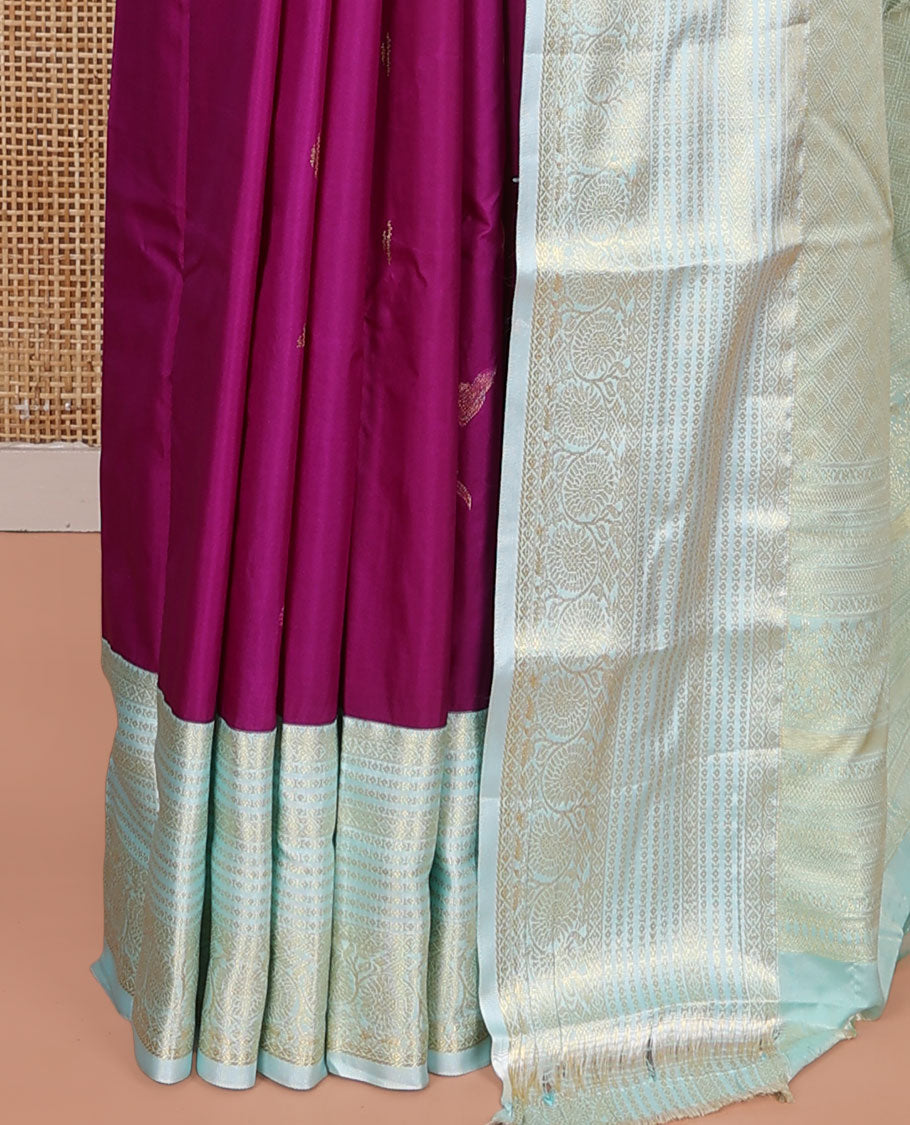 Purple Budget Silk Saree, Enriched with Zari Buttas on Its Body, Complemented by a Contrast Traditional Zari Design Border, Pallu Depicts Jaal Designs, and Paired with a Contrast Blouse