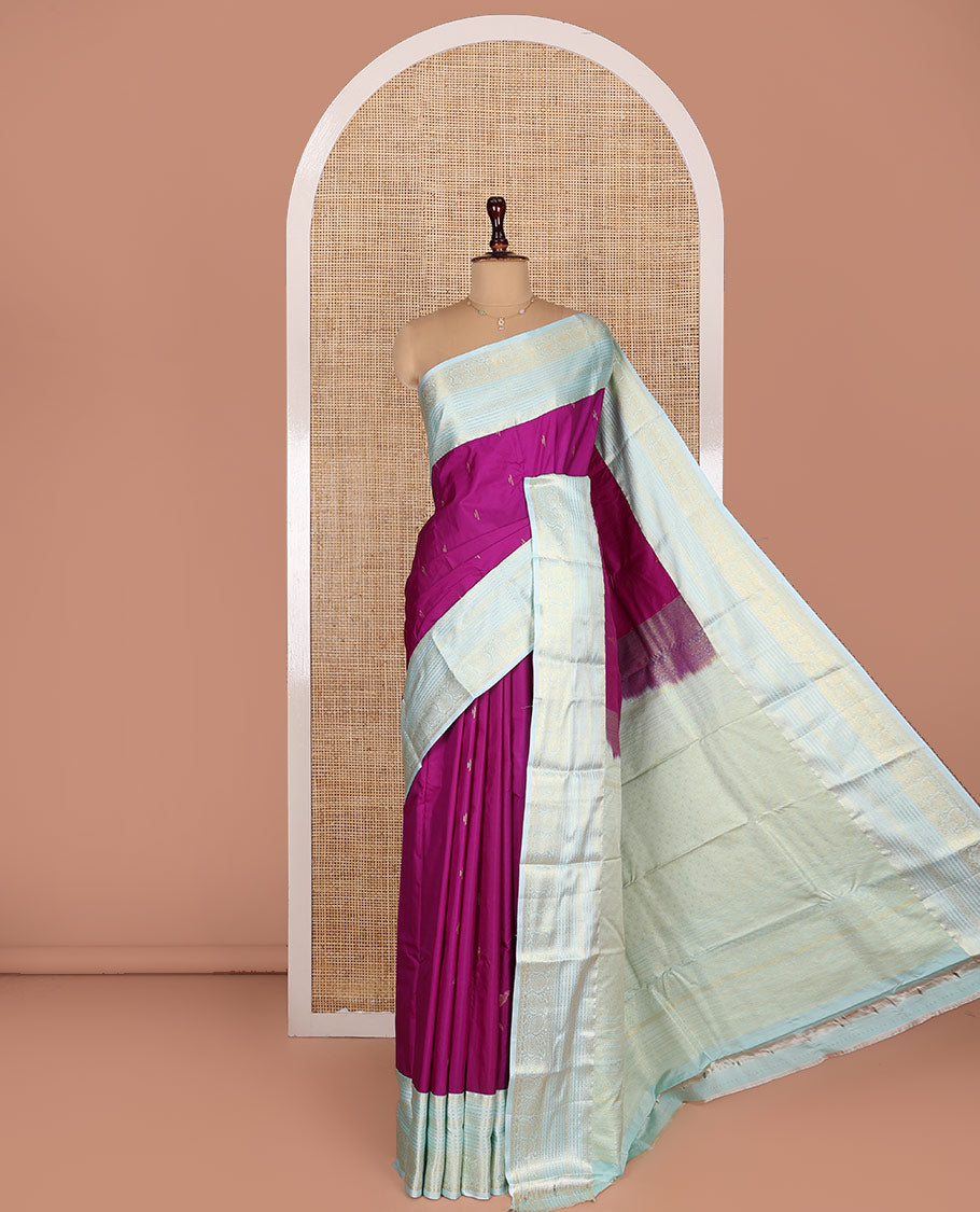 Purple Budget Silk Saree, Enriched with Zari Buttas on Its Body, Complemented by a Contrast Traditional Zari Design Border, Pallu Depicts Jaal Designs, and Paired with a Contrast Blouse