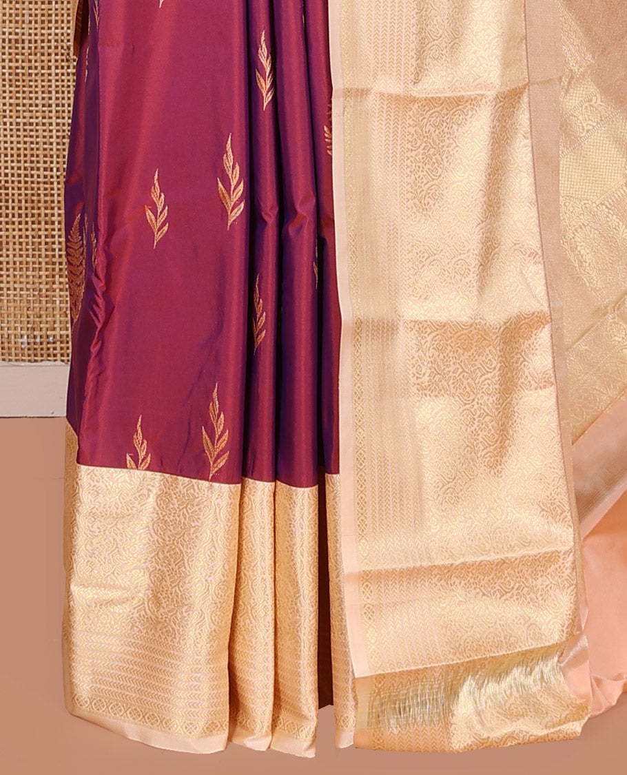 Red Budget Silk Saree, Detailed with Leaf Zari Buttas on Its Body, Complemented by a Contrast Traditional Zari Design Border, Intricate Pallu, and Paired with a Contrast Blouse
