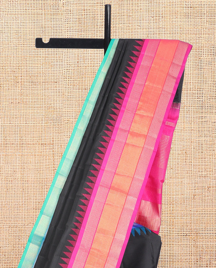 Black Plain Bangalore Silk Saree, Complemented by a Contrast Temple Ganga-Jamuna Border, Zari Striped Pallu, and Contrast Blouse