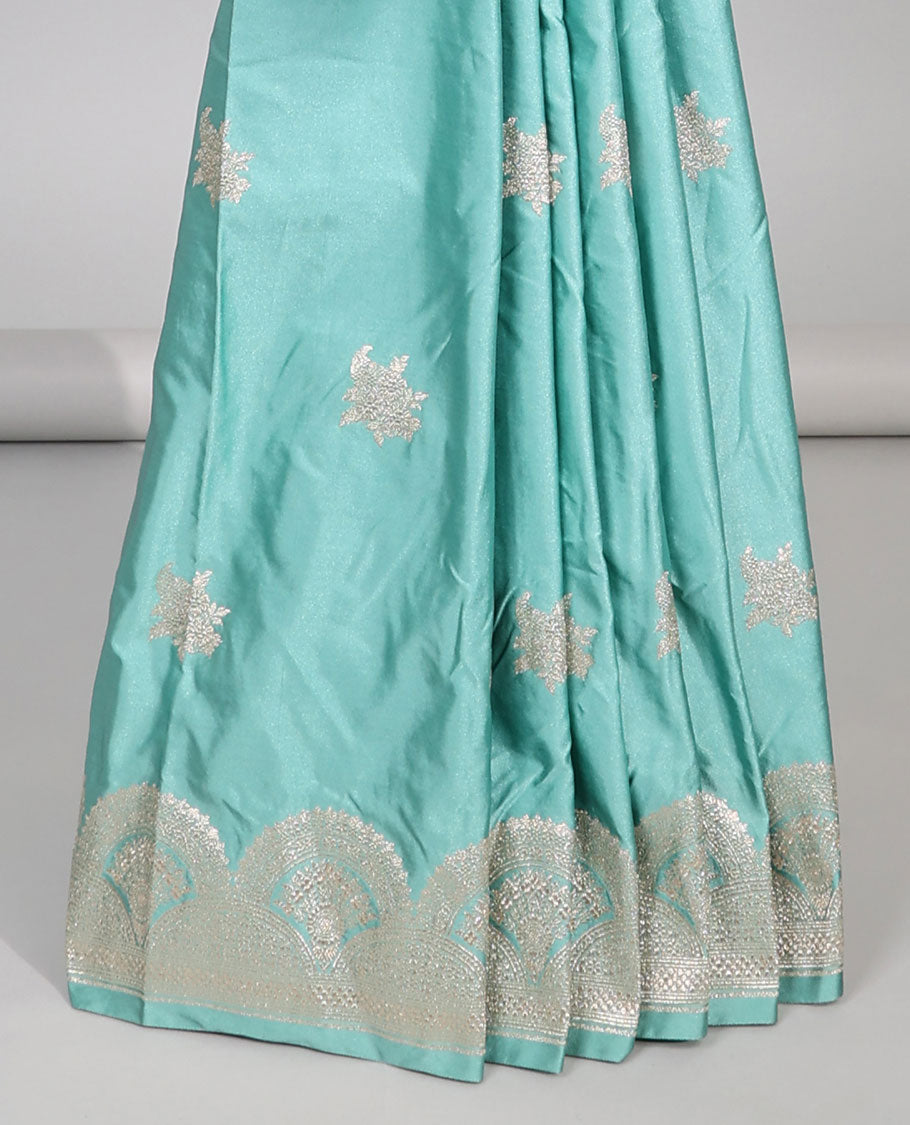 Green motifs satin silk saree with self floral motifs border & intricate zari design pallu
