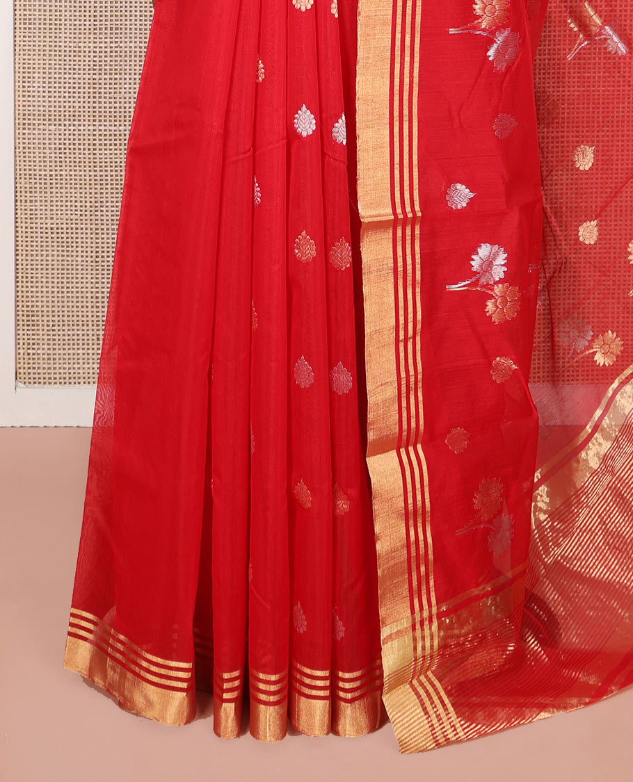 Red Chanderi Cotton Saree, Accentuated with Zari Buttas All Over Its Body, Highlighted by Zari Border, Pallu Steeped with Zari Stripes, and Paired with a Matching Blouse