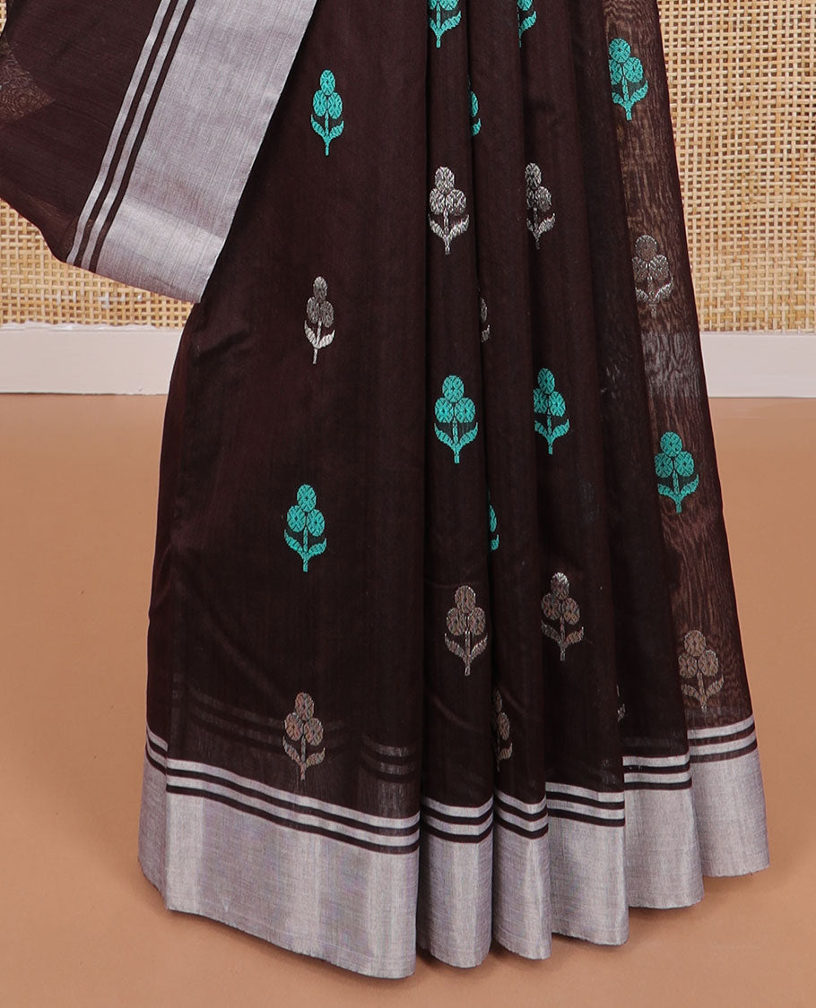 Brown floral motifs chanderi cotton saree with self zari design border & striped pallu