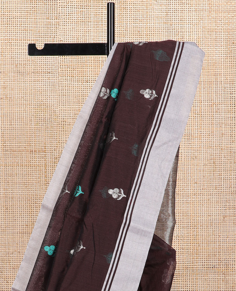 Brown floral motifs chanderi cotton saree with self zari design border & striped pallu